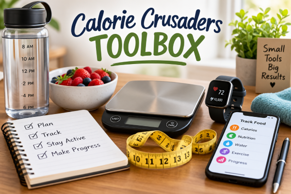 Calorie Crusaders Toolbox with food scale, measuring tape, fitness watch, water bottle and food tracking app.