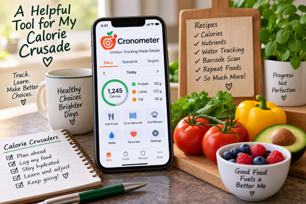 Cronometer calorie tracking app with healthy foods, highlighting recipes, nutrients, water tracking and other tools used on my Calorie Crusade.