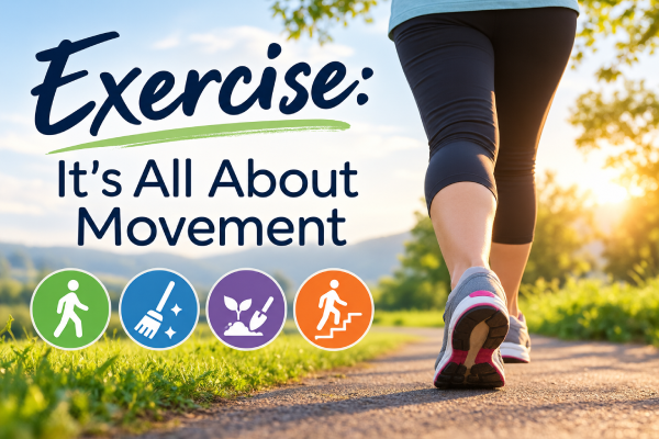 Woman walking outdoors with icons representing walking, housework, gardening and stairs as everyday movement for weight loss.