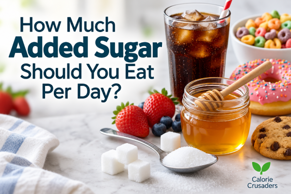 Added sugar examples including soda, honey, sugar, cereal, a doughnut and cookies alongside fresh fruit.