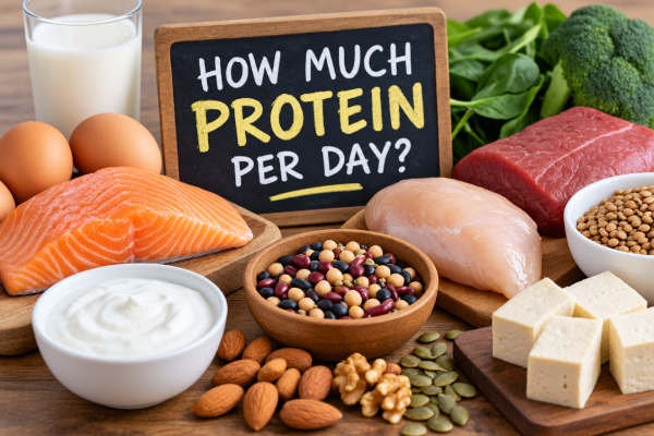 Protein-rich foods including salmon, chicken, beef, eggs, milk, yogurt, beans, lentils, tofu, nuts and seeds.