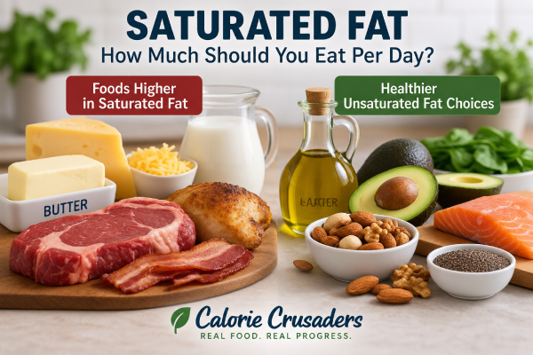 Saturated fat foods compared with healthier unsaturated fat choices including olive oil, avocado, nuts and salmon.