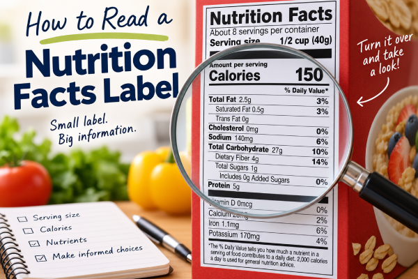 Nutrition Facts label viewed through a magnifying glass showing serving size, calories, nutrients and Daily Values.