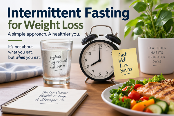 Intermittent fasting for weight loss with a clock, glass of water, and healthy meal