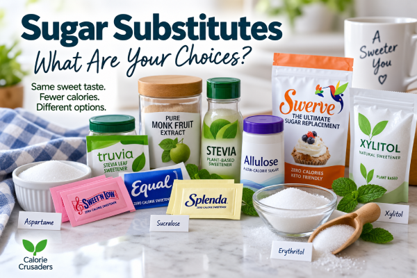 Different sugar substitutes including stevia, monk fruit, allulose, aspartame, sucralose, erythritol and xylitol.