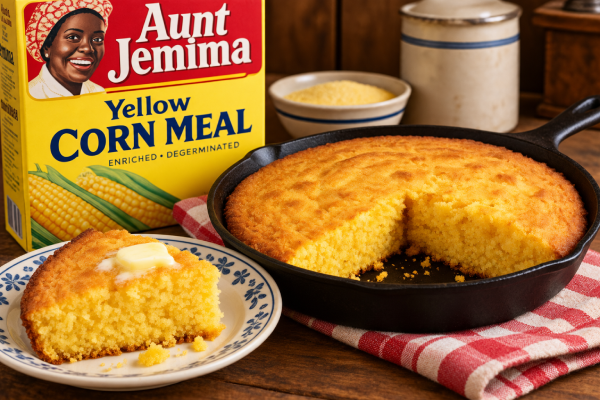 Golden Aunt Jemima cornbread baked in a cast iron skillet with a slice topped with melting butter on a plate.