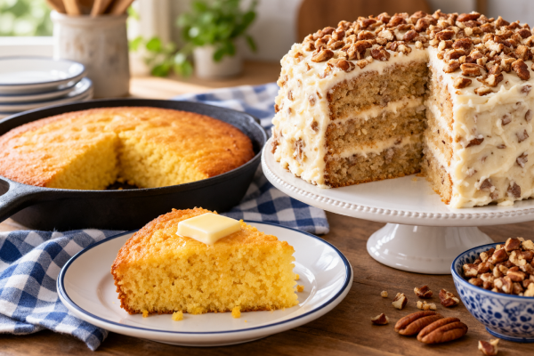 Cornbread and three-layer Italian cream cake topped with chopped pecans for Calorie Crusaders Breads and Desserts.