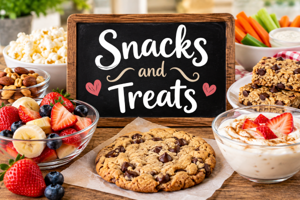 Snacks and treats recipes featuring a chocolate chip cookie, fresh fruit, popcorn, granola bars, nuts, and yogurt.